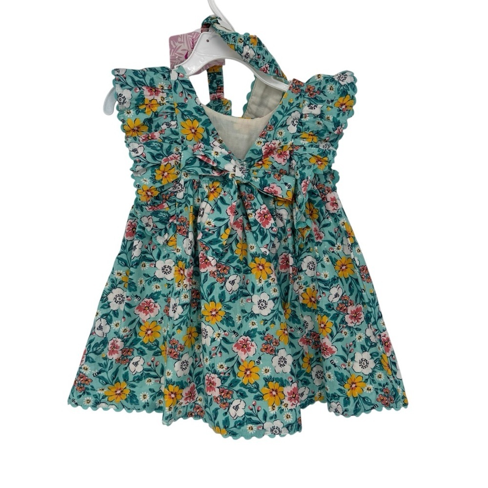 NWT Tommy Bahama Teal Blue Yellow Floral Scallop Flowy Dress & Headband 18 Month